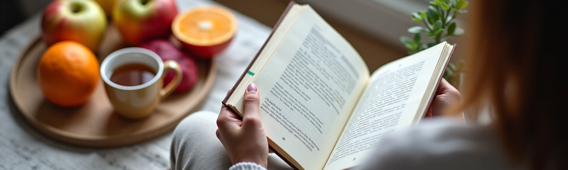 Persona leyendo un libro de cocina o nutrición en un ambiente acogedor