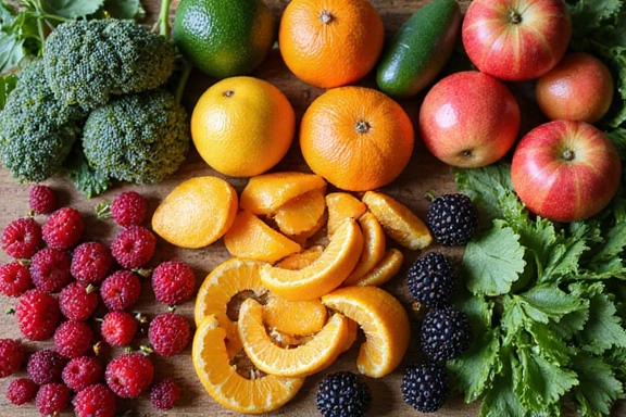 Variedad de frutas y verduras frescas dispuestas artísticamente