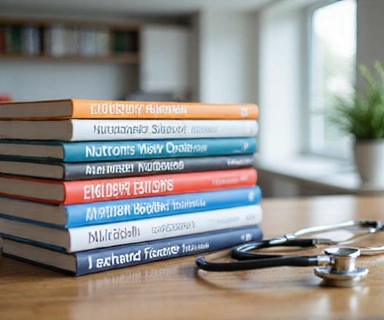 Libros de nutrición y un estetoscopio.